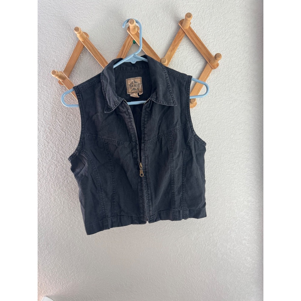 AMI Vintage Black Linen Cotton Zip Up Cropped Denim Vest Medium Style 7316